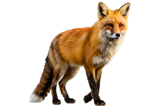 Graceful red fox standing alert with a curious expression isolated on a transparent background