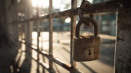 A heavy-duty industrial padlock securing an outdoor gate, with soft sunlight casting shadows around it