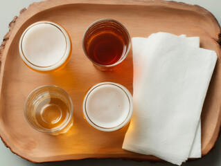 Four small glasses of beer in various shades from pale to dark amber served on a rustic wooden tray with a folded white napkin