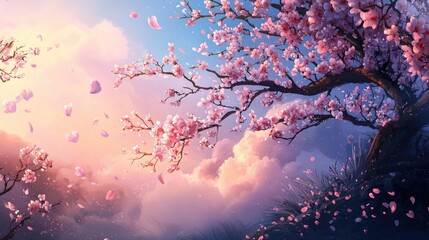 Romantic Spring Scene Soft Pink Cherry Blossoms and Sunset