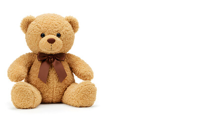 Obraz premium Adorable Brown Teddy Bear with Bow Sitting on White Background Perfect for Childhood and Toy Themes