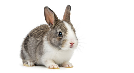 Fototapeta premium Adorable Bunny Rabbit Portrait On White Background With Gray Brown And White Fur Looking Curious