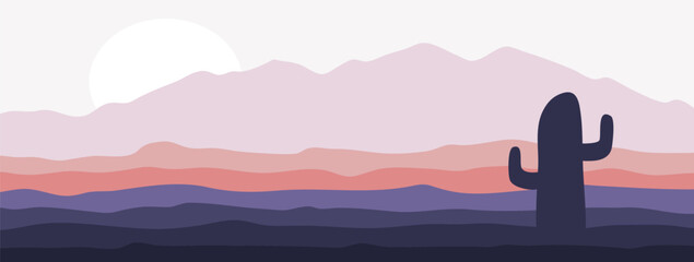 Desert cactus mountain landscape terrain scene. Cartoon flat design background vector illustration. Design for banner or social media template.