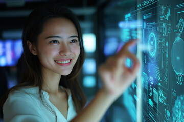 Smiling asian woman interacting with futuristic digital interface technology panel