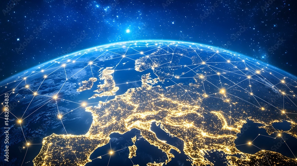 Poster the image shows a nighttime view of europe from space, with city lights illuminating the continent. 