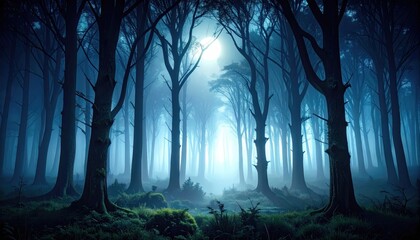 Ethereal forest landscape with fog-shrouded trees and mystical moonlight