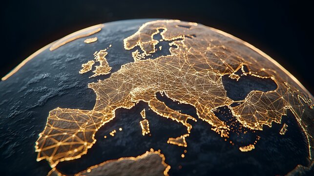 The image shows a stylized representation of the European continent, depicted on a dark globe.  A network of glowing lines connects numerous points across the landmass, suggesting interconnectedness
