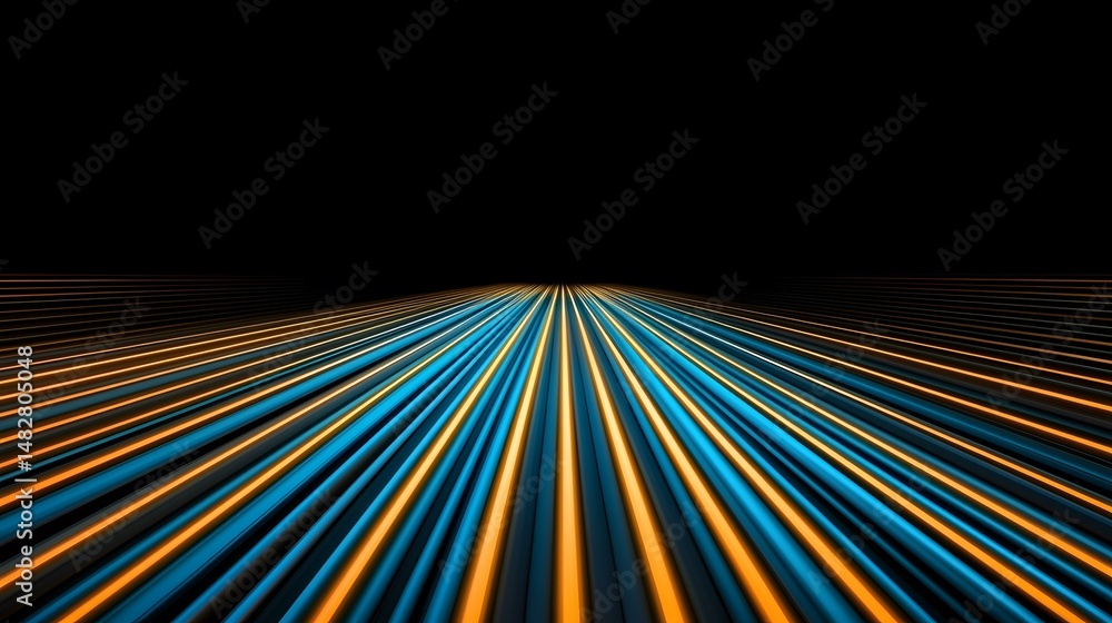Poster the image contains numerous parallel lines of blue and orange, converging at a vanishing point in th