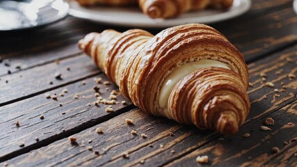 Delicious buttery croissant on rustic wooden table with chocolate crumbs, freshly baked pastry food scene in cozy kitchen setting loop - Powered by Adobe