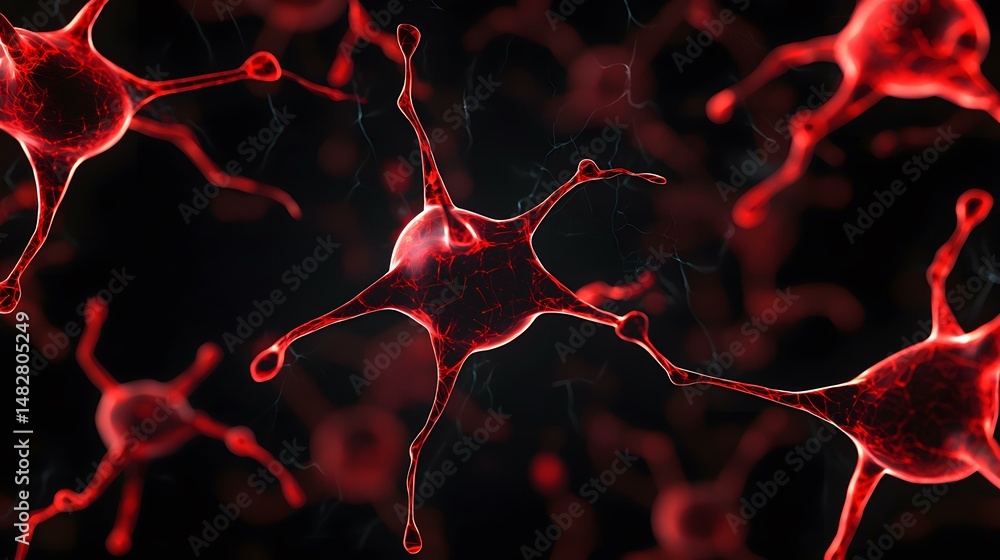 Aufkleber the image shows a close-up, stylized rendering of several neurons, or nerve cells, glowing red again