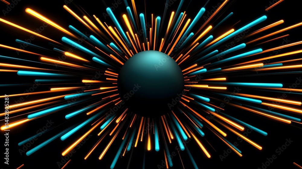 Poster the image shows a dark background with a teal sphere in the center. surrounding the sphere are numer