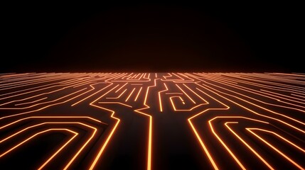 The image shows a dark background with a surface resembling a circuit board, featuring bright orange glowing lines forming a complex pattern that extends to the horizon.