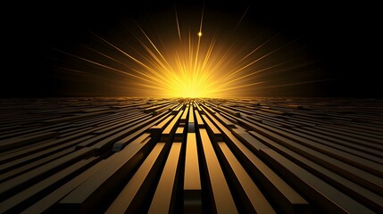 Obraz premium A radiant golden light explodes from the horizon above a dark, textured landscape of parallel, rectangular prisms.