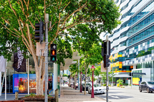 Traffic lights for pedestrians with cars driving or standing in the city from the side of the road