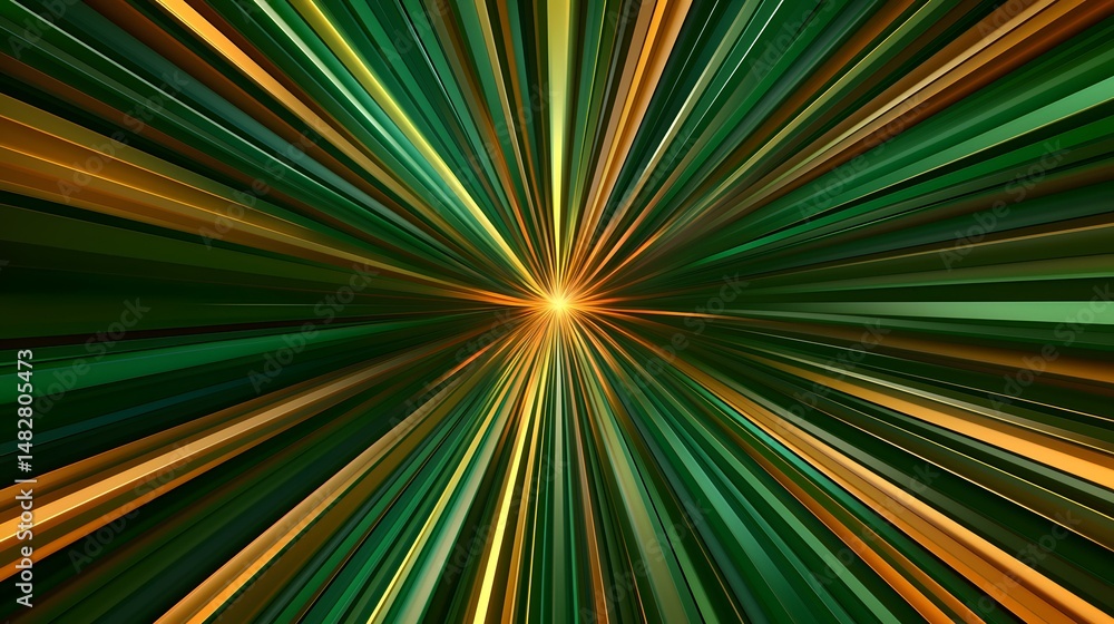 Poster the image contains an abstract design of radiating lines in shades of green and gold, converging tow