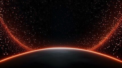Obraz premium The image shows a dark space scene with a planet's horizon glowing orange, surrounded by streaks of orange and red particles that resemble glowing dust or embers, creating a dramatic and atmospheric