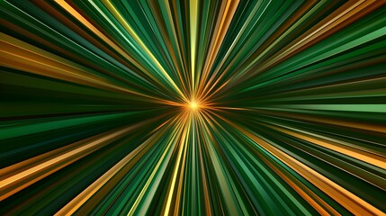 Obraz premium The image contains an abstract design of radiating lines in shades of green and gold, converging towards a bright center.