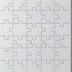 A blank white jigsaw puzzle spread on a clean surface, minimalistic top-down view, ideal for customization and mockups.

