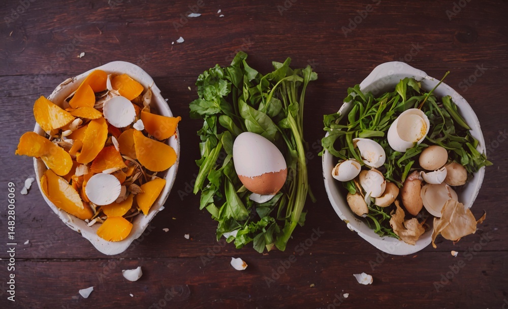 Aufkleber three bowls of food with an egg in the middle. the bowls are filled with vegetables and eggs