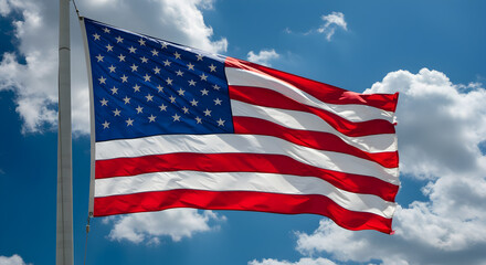 Obraz premium American Flag Waving Against a Bright Blue Sky with Fluffy White Clouds Representing Patriotism
