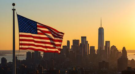 American Flag Waving Against Skyline During Sunset in New York City