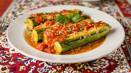Plate of zucchini stuffed with cheese and tomato sauce