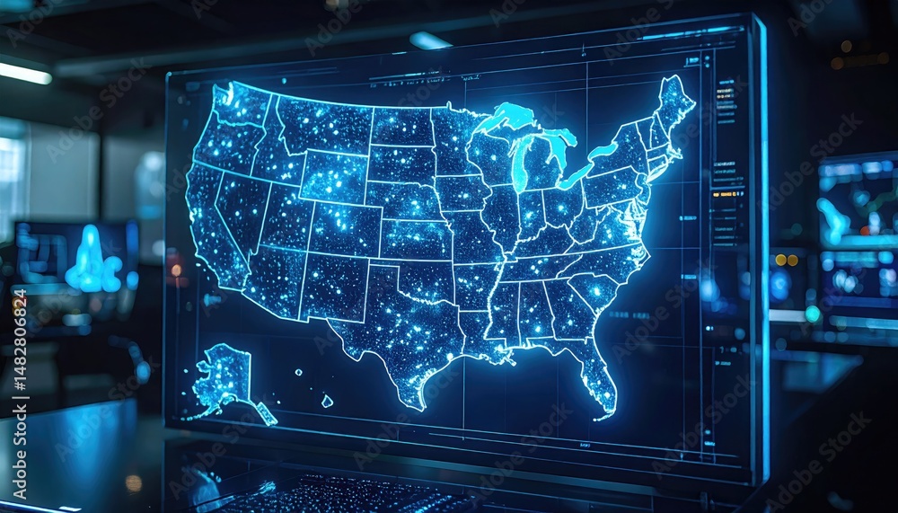 Aufkleber glowing usa map displayed on a computer screen in a dark room
