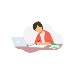 Student learning vector illustration isolated. University student study with laptop and book