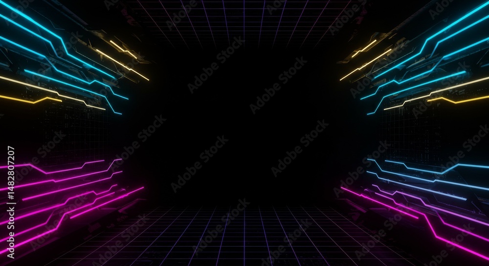 Aufkleber abstract gradient colored grid and geometric lines create a neon perspective in digital artwork