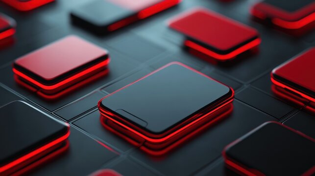 Abstract illustration of multiple illuminated black and red rectangles.