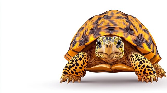 Detailed Close Up of Yellow and Brown Tortoise on White Background