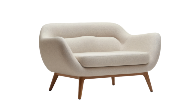 Cream colored, upholstered arm chair with wooden legs
