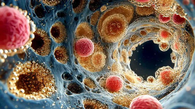 Detailed visualization of healthy human bone marrow with cellular structures in gold and red, resembling biological complexity in a photorealistic close-up