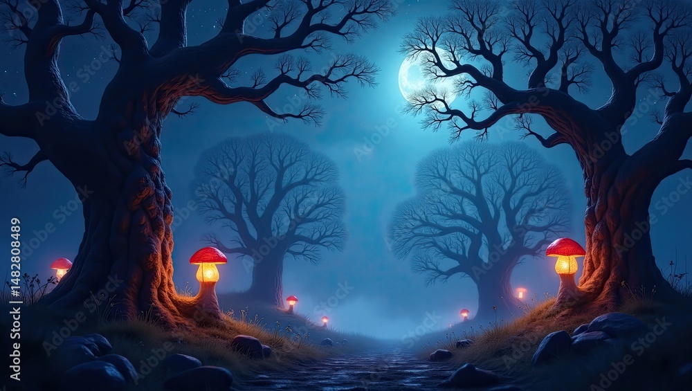 Poster enchanting forest path illuminated by glowing mushroom lights un
