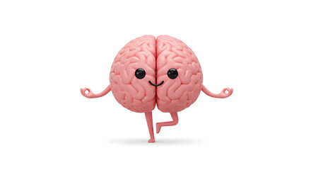 Animated Pink Brain Character in Yoga Pose Balancing On One Leg on White Background