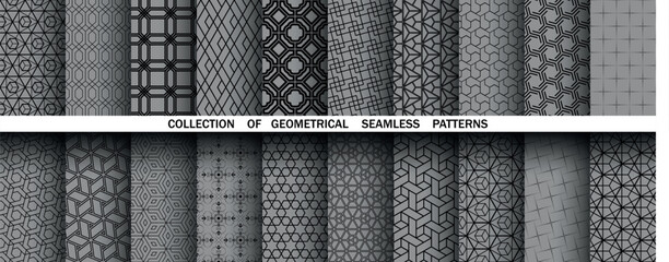 Geometric set of seamless black and white patterns. Simple vector graphics.