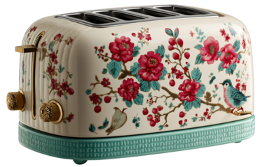 Vintage style floral toaster with decorative red flowers and birds pattern on cream background with mint green base and gold accents for shabby chic kitchen appliances and home decor, transparent.