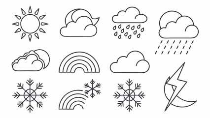 weather icons. Weather line icon set. Sun, rain, thunder storm, dew, wind, snow cloud, sky, clouds, snowflake, wind, rainbow, moon Editable Stroke vector illustrations