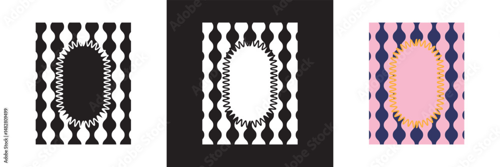 Poster wavy frames with scallop borders. abstract frame boxes on cute groovy patterns. vector illustration.