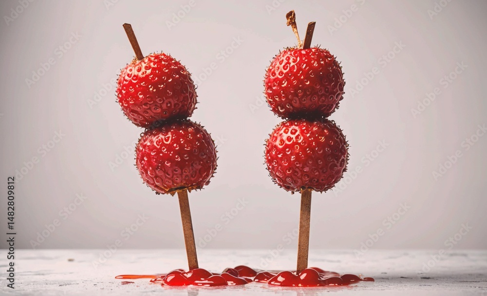 Poster two red strawberries are standing on sticks, one on top of the other. the image conveys a playful an