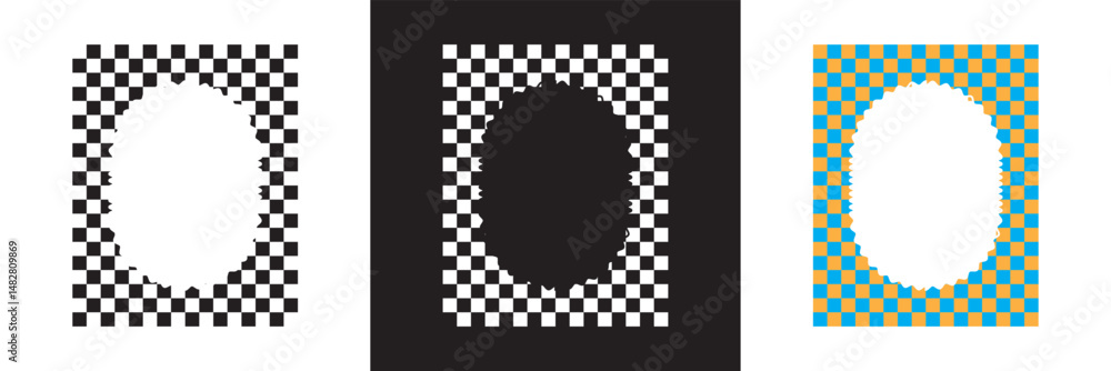 Poster wavy frames with scallop borders. abstract frame boxes on cute groovy patterns. vector illustration.