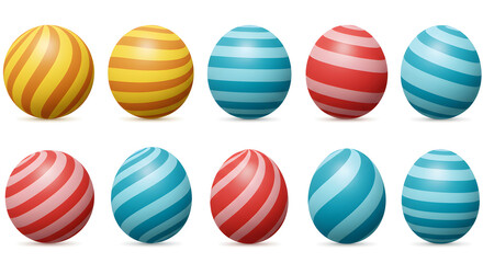 Obraz premium Array Of Colorful Easter Eggs With Stripe Patterns On White Background