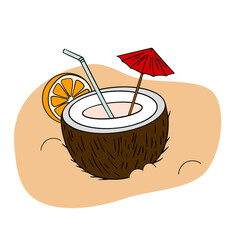 Summer beach paradise element collection coconut cocktail. Cartoon collection. Hand drawn summertime set for cards, posters, banners