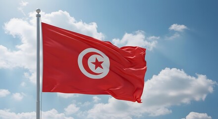 Red Flag with Star and Crescent Waving in Blue Sky