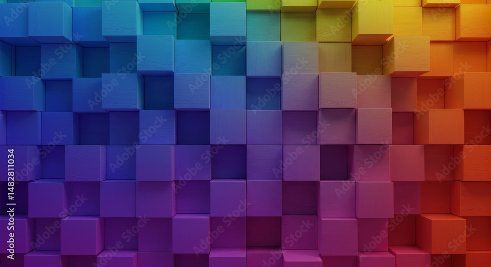 Poster abstract wooden cube structure displaying a spectrum of color, creating a playful dimensional design