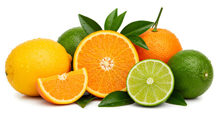Assorted Citrus Fruits Featuring Oranges Lemons And Limes With Green Leaves On White