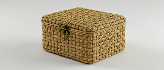 Close-up of a natural fiber woven box featuring a decorative bronze clasp on white background