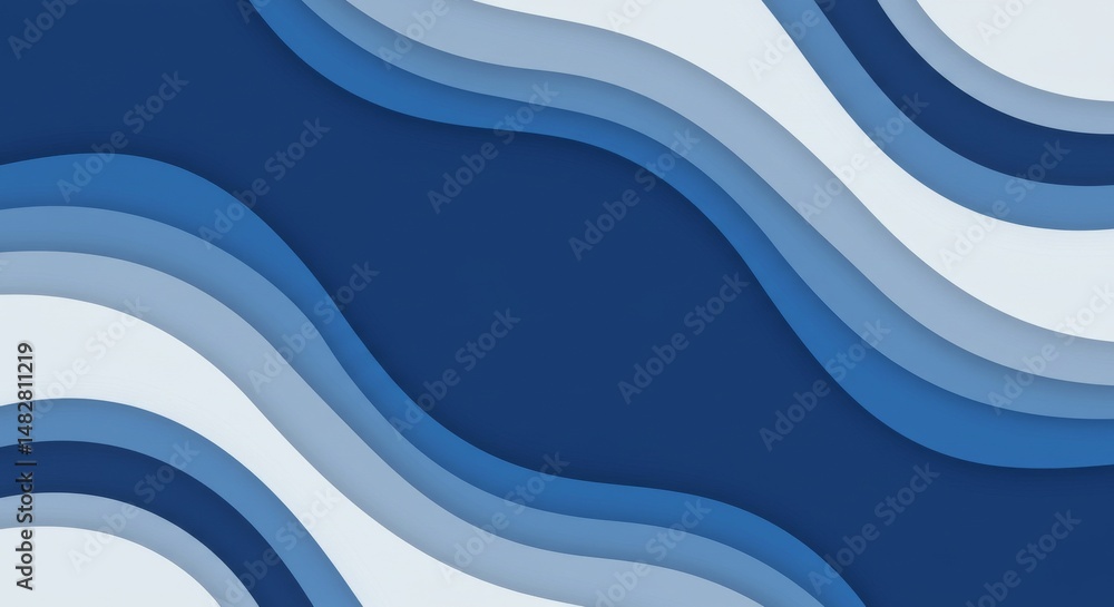 Poster abstract layered paper art with a blue color palette in a wavy, flowing composition creating depth.