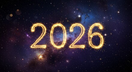 The year 2026 shimmers brightly formed of golden sparks against a cosmic nebula background