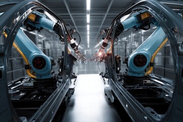 Obraz premium Robotic arms assembling the chassis of a futuristic electric vehicle
